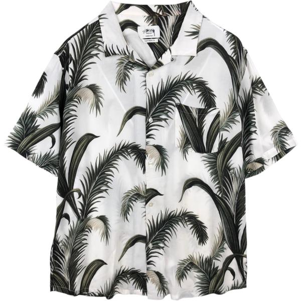 古着 ステューシー STUSSY 総柄 リーフ柄 オープンカラー レーヨン ハワイアンアロハシャツ ...