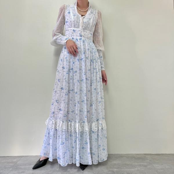 古着 70年代 ガンネサックス GUNNE SAX Jessica 花柄 マキシ丈 長袖 フレア ワ...