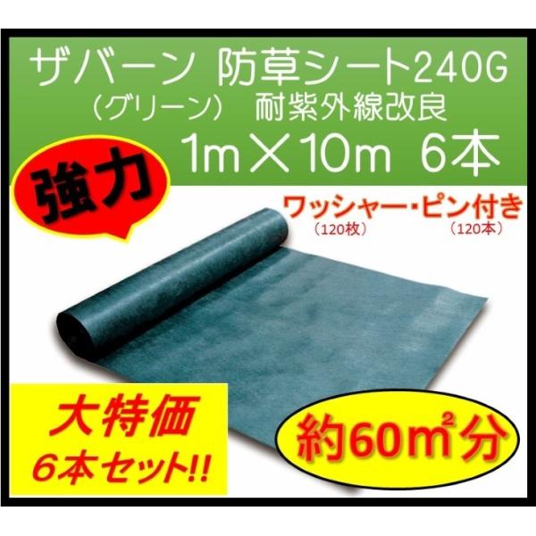 ザバーン デュポン社 防草シート 240G グリーン 耐紫外線改良タイプ 1ｍ×10ｍ 6本 ワッシ...