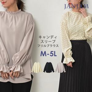 ブラウス 大きいサイズ レディース メール便送料350円 長袖 リボン フリルネック トップス M LL 3L 4L 5L｜janjam