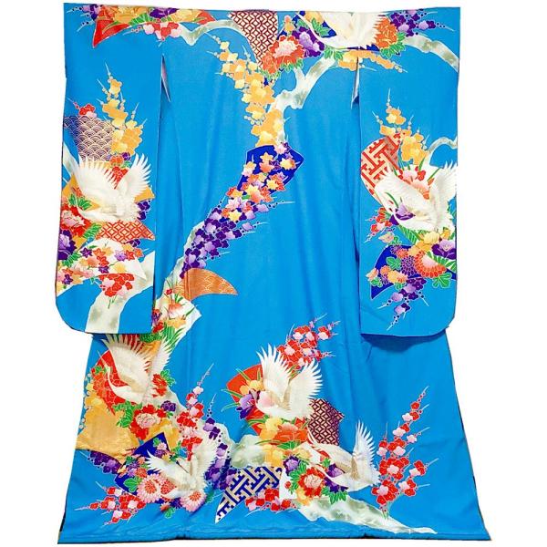 本振袖 婚礼衣装 花嫁衣裳 引き振袖 四季の花と鶴の舞 青色 正絹 振袖 着物