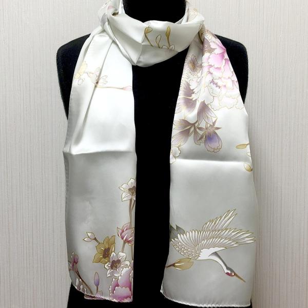 和風シルクストール(ロングスカーフ）鶴 白 日本製 絹製品 シルク100％ 和風 日本のお土産 外国...