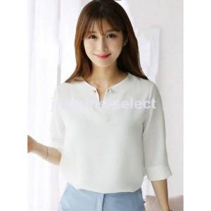 フロントカットアウト パール シフォンカットソー 2色 シンプル ラウンドネック 七分袖 春夏秋 無地 着回し ビジュー オシャレ 可愛い デイリー 女子会 デート