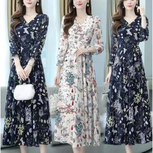 パーティドレス ロングドレス ロングワンピース レディース 長袖 花柄 上品 清楚 高級感 ドレスアップ Ｖネック フレア