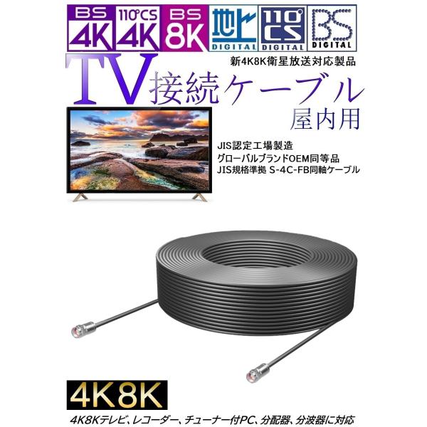アンテナケーブル 10m 黒 4K8K対応 スリムタイプ 軟式 同軸 S4CFB 地デジ/BS/CS...