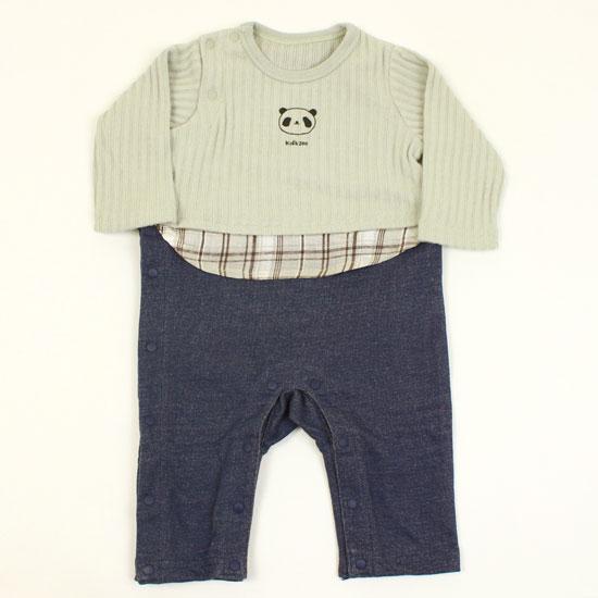 50％OFF セール SALE カバーオール ロンパース 重ね着風 切替 パンダ 長袖 男の子 ベビ...