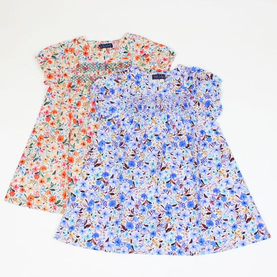 ワンピース 半袖 花柄 スモッキング レッド ブルー 女の子 キッズサイズ ベビー 子供用 S.T....
