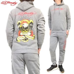 エドハーディー Ed Hardy 裏起毛 セットアップ プルオーバー パーカー ジョガーパンツ 上下セット イーグル 正規ライセンス ユニセックス GREY｜jbstore