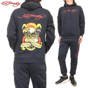 エドハーディー Ed Hardy 裏起毛 セットアップ プルオーバー パーカー ジョガーパンツ 上下セット イーグル 正規ライセンス ユニセックス NAVY｜jbstore