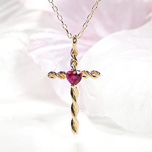 ルビー 18金 ネックレス K18 YG ゴールド クロス ペンダント ハート プレゼント CAN-...