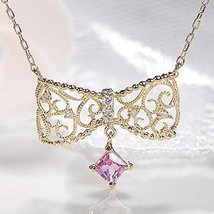 18金ネックレス レディース リボン ペンダント ネックレス サファイア ダイヤモンド CAN-00...