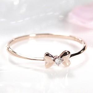 K18 PG ゴールド 指輪 リング ダイヤモンド ダイヤ ハート リボン ピンキー 一粒 CAR-...