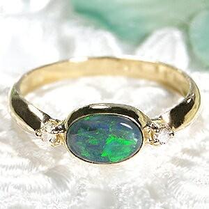 オパールリング 18金 ブラックオパール 指輪 18K ダイヤモンド ゴールド 誕生石 プレゼント ...