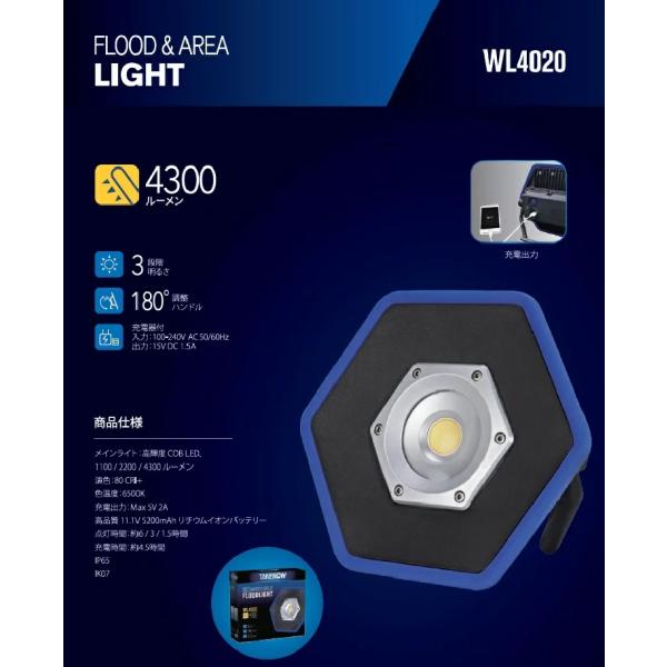 TAKENOW　WL4020　充電式LED投光器/FLOOD &amp; AREA LIGHT　ACアダプタ...