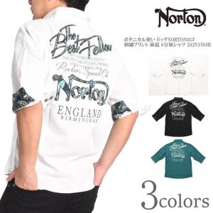 【2024春夏新作】ノートン NORTON 6分袖シャツ ボタニカル使い ドッグNORTONロゴ 刺繍プリント 麻混 6分袖シャツ 242N1503B｜jeans1