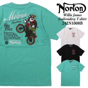 Norton ノートン 服  半袖 Tシャツ 242N1008B ウィリージェームス 刺繍 Tシャツ クルーネック アメカジ バイカー バイク メンズ ロゴ｜jeans藍や