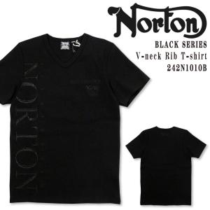 Norton ノートン 服 半袖 242N1010B Tシャツ ブラックシリーズ テレコTシャツ Vネック 半袖Tシャツ ロゴ刺繍 黒 アメカジ バイカー バイク メンズ ロゴ