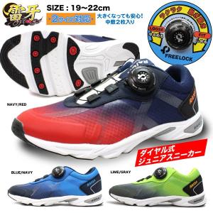 フリーロック 靴 スニーカー 子供 キッズ 2サイズ対応 中敷 雷牙 ライガ 男の子 紺 ネイビー 赤 レッド 青 ブルー ライム 黄緑 グレー ダイヤル raiga dx179