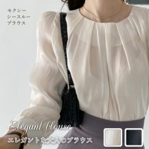 ブラウス レディース 上品 ラウンドネック シースルー パフ袖 長袖 無地 30代 40代 ファッション セクシー 高級感 春秋物 新作 黒 ベージュ