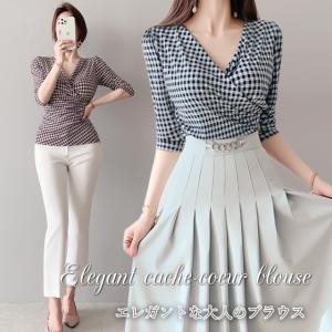 ブラウス レディース 上品 カシュクール シャーリング 七分袖 30代 40代 ファッション セクシー 高級感 高品質 春秋物 新作 黒 紺 青