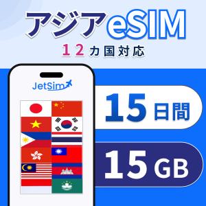 【アジア eSIM】15日間 15GB 高速データ 1日1GBまで｜マレーシア・インドネシア・タイ・韓国・フィリピンなど14ヵ国