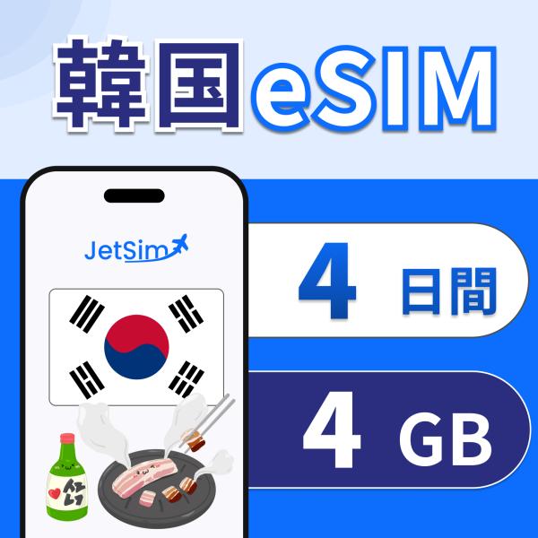 【JetSim】 韓国 eSIM 4日間 1日1GBまで高速 4G/5G対応 即日発行 テザリング可...