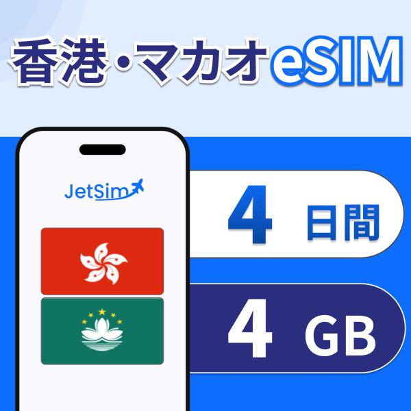 【JetSim】 香港 マカオeSIM 4日間 4GB 高速データ 1日1GBまで高速 4G/5G対...