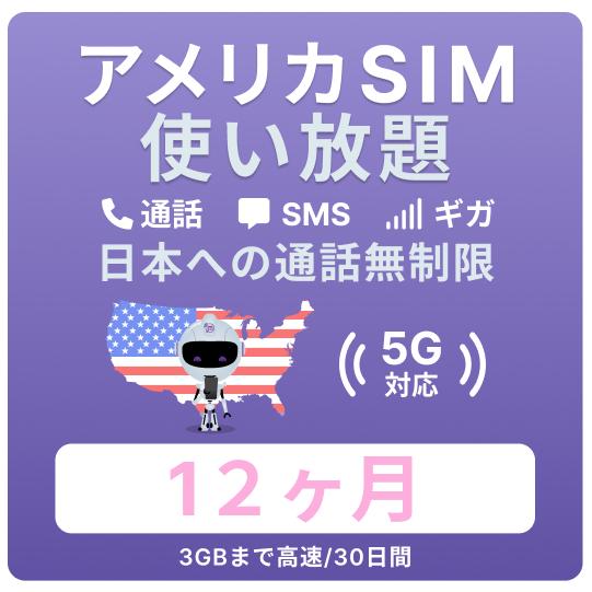 アメリカ SIMカード 12カ月【データ無制限】 月 /3GBまで高速 通話し放題 ハワイ含む 留学...