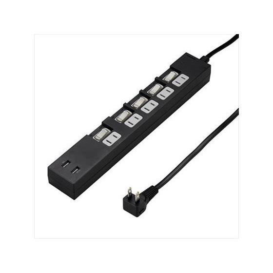 【お取り寄せ】ヤザワ 個別スイッチ付タップ(5AC+2USB3.4A) 2m ブラック コード付き電...