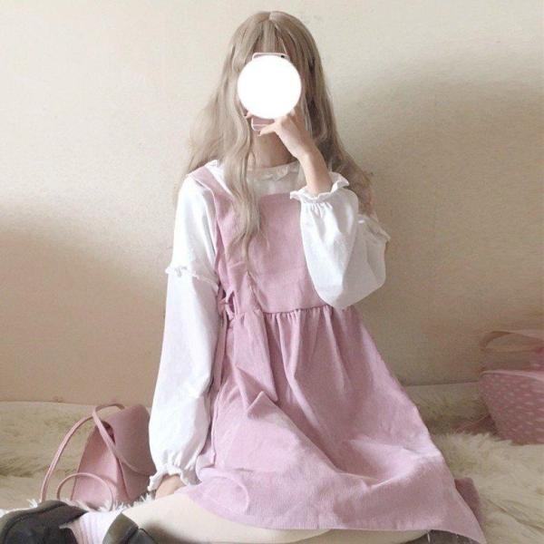 ロリータ風 サスペンダー 少女 Aライン リボン フェミニン ワンピース レディース コーデュロイ ...