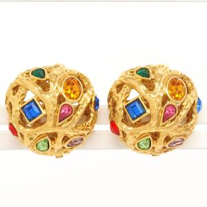 【返品OK】【美品】イヴ サンローラン treebranch柄　カラーストーン　ラウンド　クリップタイプ 【イヤリング】