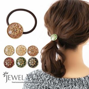 ヘアゴム ラインストーン入りゴールドフラワーモチーフ ヘアポ...