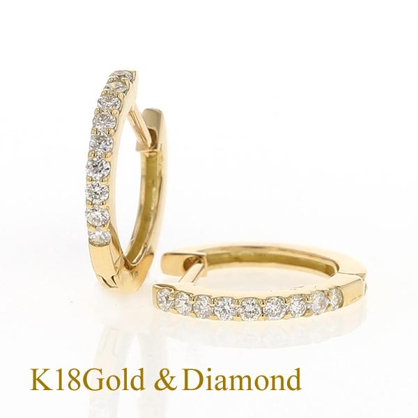 K18 YG ダイヤモンド フープピアス 中折れ式 ピアス フープ ゴールド 18金 18k イエロ...