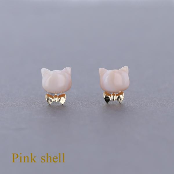 ピアス ピンクシェル K10 YG 猫 ねこ ネコ リボン レディース シェル 誕生日プレゼント ギ...
