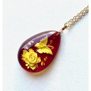 琥珀 ネックレス ペンダント インタリオ アンバー 天然琥珀 薔薇