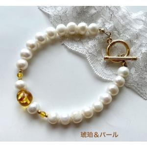 真珠　天然琥珀　ブレスレット　淡水ブレス　天然石　パワーストーン　ネコポス300円　マンテル｜jewelry-kotani