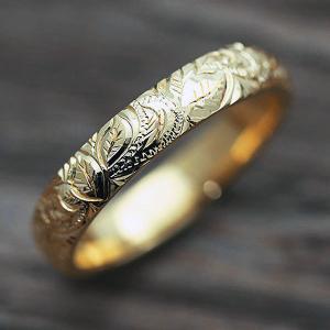 ハワイアンジュエリー K10YG 刻印無料 結婚指輪 マリッジリング ゴールド メンズ 手彫り彫刻 指輪 花 葉 波 ハワイアン｜jewelry-may