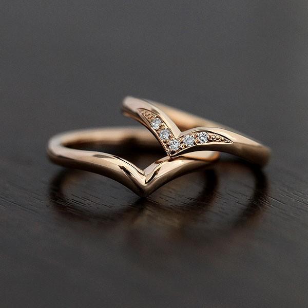 結婚指輪 ピンクゴールド ペアリング K18PG ダイヤ 0.05ct V字 指輪 シンプル カップ...