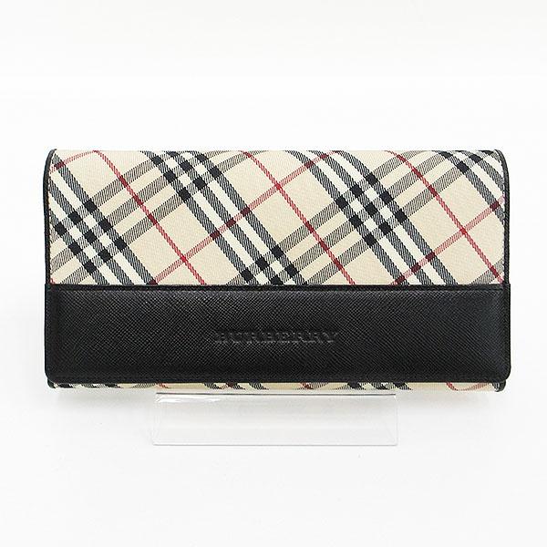 BURBERRY(バーバリー) チェック柄 がま口長財布  ベージュ×黒 ブラック キャンバス×レザ...