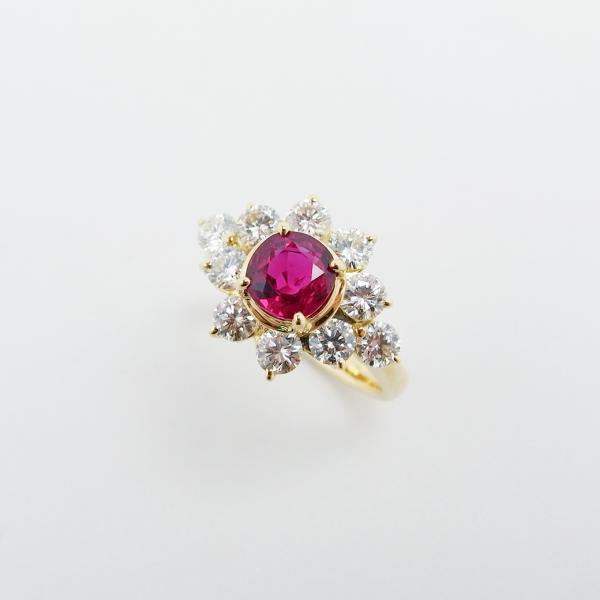 ルビー ダイヤモンド リング 1.274ct 1.216ct 11号 K18YG 鑑別書 ソーティン...