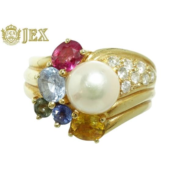 Akoya Pearl K18アコヤパール ルビー ブルー イエローサファイヤ ダイヤモンドリング ...