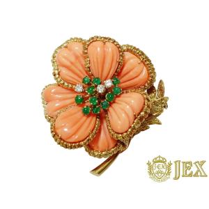 Van Cleef & Arpels ヴァンクリーフ＆アーペル K18珊瑚 エメラルド ダイヤモンドブローチ No.305655