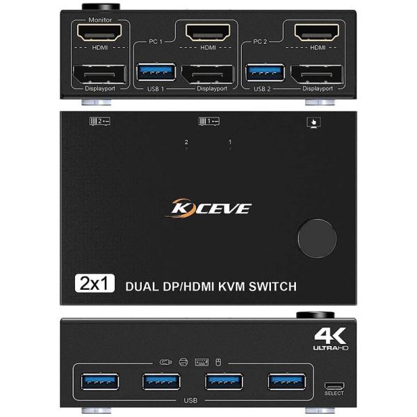 KCEVE DP HDMI USB 3.0 KVM 切替器 PC2台、モリター2台用、デュアルディス...