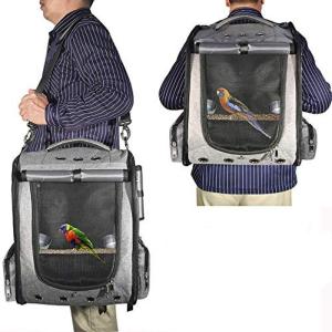COGOWAI 鳥用 インコ キャリー リュック 通気 耐久性 軽量 携帯便利 移動用 止まり木/おもちゃ/水と餌入れ付き (グレー)