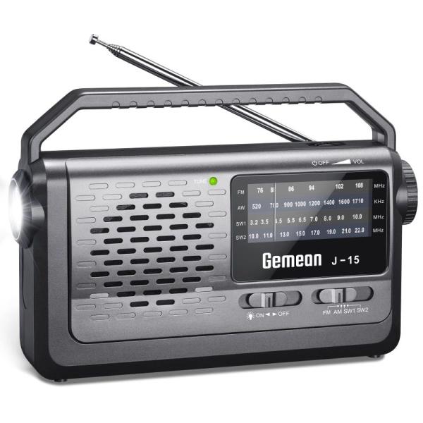 GemeanJ-15短波ラジオ、防災ラジオ、FM/AMポータブルラジオ、3*単1乾電池またはACパワ...