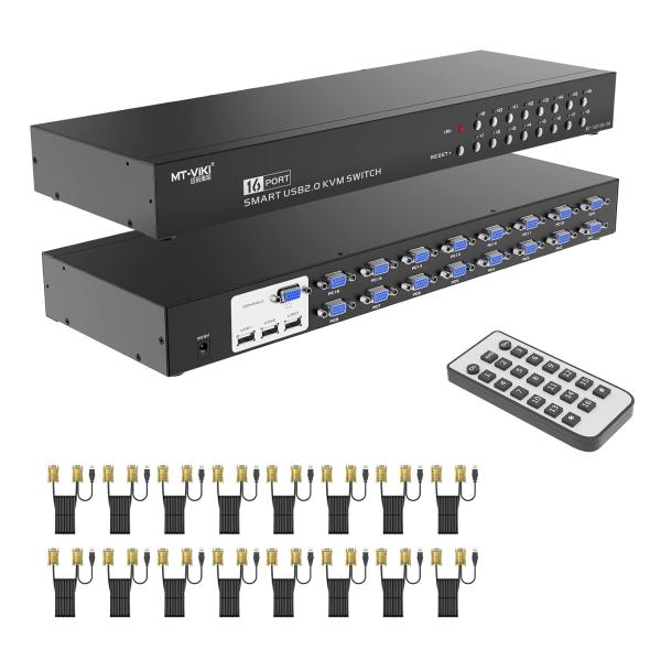 MT-VIKI 16ポート USB 2.0 KVMスイッチ マニュアルセレクター 1Uラックマウント...