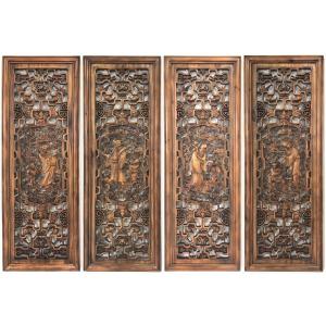 中国手彫り彫刻パネル　T100　福禄寿喜4枚セット　350×990