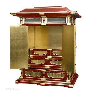 【寺院仏具】朱塗り　豪華金具付き　ひな壇付き　大型幅広春日厨子　高さ135センチ　国内自社工場製作品　(受注生産品)（商品番号10166s)
