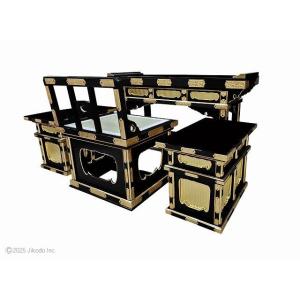 【寺院仏具】黒塗り　前机と椅子型曲録と脇机セット　飾り金具付き　安心の国内自社工場製作品　木製高級仏具通販(受注生産品)(商品番号10285k)