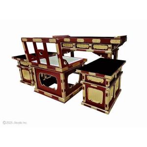 【寺院仏具】朱塗り　前机と椅子型曲録と脇机セット　飾り金具付き　安心の国内自社工場製作品　木製高級仏具通販(受注生産品)(商品番号10285s)